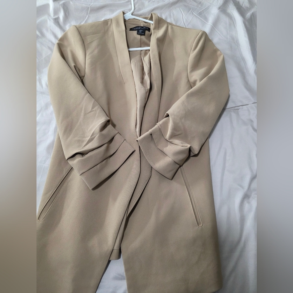 Tahari ASL Neutral Beige Collarless Long Trench Coat